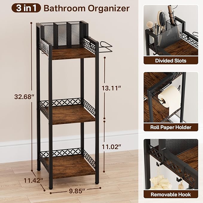 Bathroom Storage Shelf Hair Dryer Holder, 3-Tier Narrow Metal Standing Rack with Toilet Paper Holder, Multifunctional Corner Unit Rack for Cosmetic, Curling Irons (9.85“ Black Without Drawer)