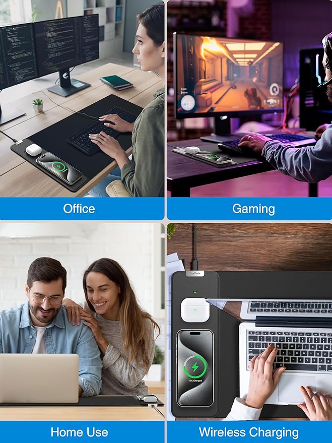 TopMade Mouse Pad with 15W Fast Wireless Charging, 31.5"x11.81" XL Large Gaming Waterproof Desk Pad with Ultra-Smooth Surface, Non-Slip Base, Classic Black Computer Desk Mat for MacBook, PC, Laptop