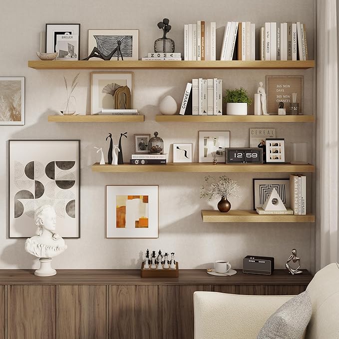 Fun Memories 55 Inch Floating Shelves for Wall 2 Pack Shelves for Bedroom|Kitchen|Bathroom Wall Mounted Rustic Wood Floating Shelf with Invisible Brackets for Books|Storage|Decor, Oak