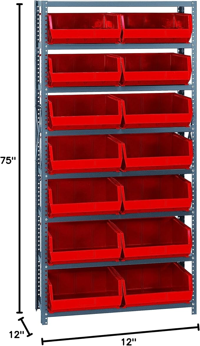 Quantum Storage Systems QSBU-250RD Giant Open Hopper Steel Shelving System, 12" D x 36" W x 75" H, with 8 Shelves and 14 QUS250 Bins, Red