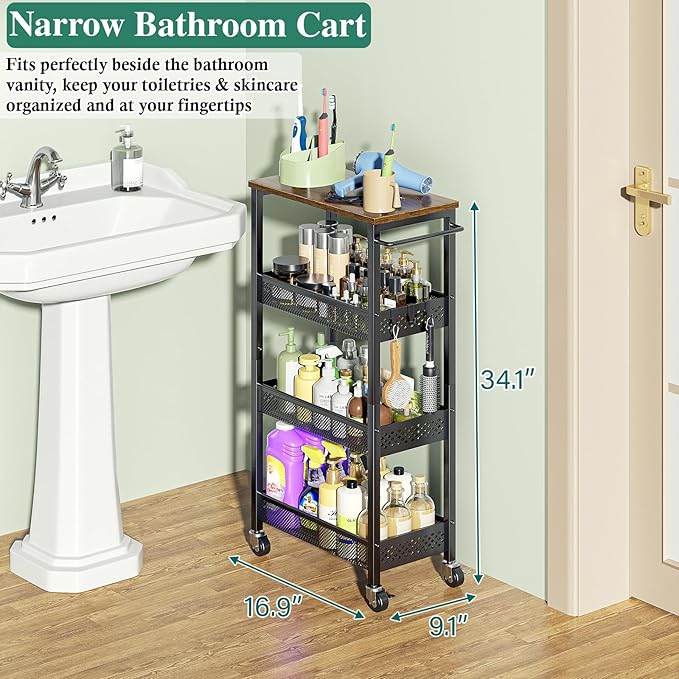 Utility Slim Storage Cart, 4-Tier Narrow Bathroom Organizer and Storage Cart, Metal Narrow Kitchen Laundry Room Organization Rack with Wood Top, Slim Rolling Shelf with Wheels for Small Space