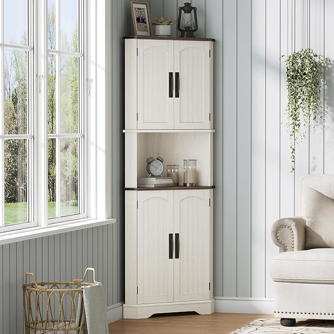 Maupvit Tall Corner Cabinet, Farmhouse Corner Storage Cabinet with 4 Barn Doors and Adjustable Shelves, Storage Pantry Cabinet for Kitchen, Living Room, Laundry Room, White