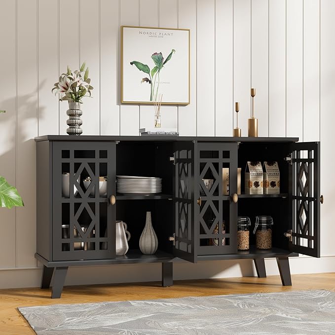 Scurrty 52" Buffet Cabinet with Storage,Sideboard with 4 Doors, Skeletonized Coffee Bar with Storage, Sideboard Cabinet for Dinning Room, Kitchen & Living Room (Black)