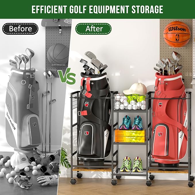 Golf Bag Storage Rack for Garage with Wheels, Organizer for Golf Bag and Equipment Accessories, Golf Organizer Stand Ideal for Home, Garage, Club, Shed, Basement - Sturdy and Durable (Black)