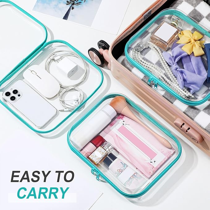 Sanwuta 6 Pcs Clear Hard Zipper Case Hard Plastic Zipper Pouches Transparent Makeup Bag Pencil Pouches for Travel Snacks Christmas Trinket Storage Organizer Box(Teal,9.84 x 7.87 x 2 Inch)