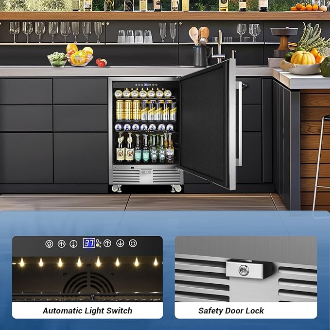 Outdoor Beverage Refrigerator 24 Inch Wide, Stainless Steel Beverage Fridge 180 Cans for Undercounter Built-in or Freestanding, for Home and Patio, Water Proof, Fast Cooling, Low Noise, 37-65 °F
