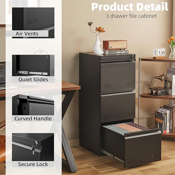 Metal File Cabinet with Lock, Vertical 3 Drawer File Cabinets for Home Office, Heavy Duty Office Storage Cabinet for A4/Letter/Legal Size, Assembly Required(Black)