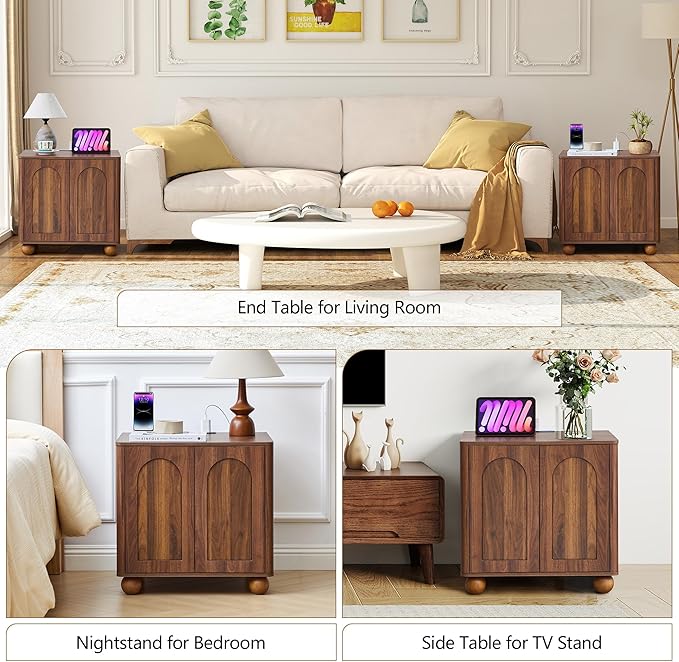 Bed Side Table Set of 2 with Charging Station, Mid Century Modern Nightstand with 2 Doors, Square End Table with Storage for Couch,Living Room, Sofa Side Table for Office,Dorm - Walnut