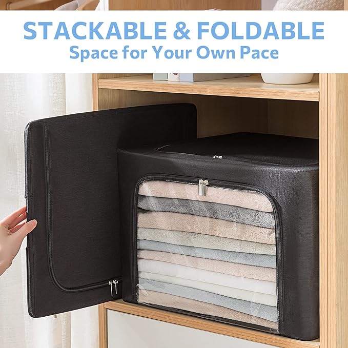 CYhom 3Pack Frame Storage Box - Clothes Storage Bin Bags Oxford Fabric Foldable Stackable Container Organizer Set with Clear Window & Carry Handles (Black, X-Small-36L)