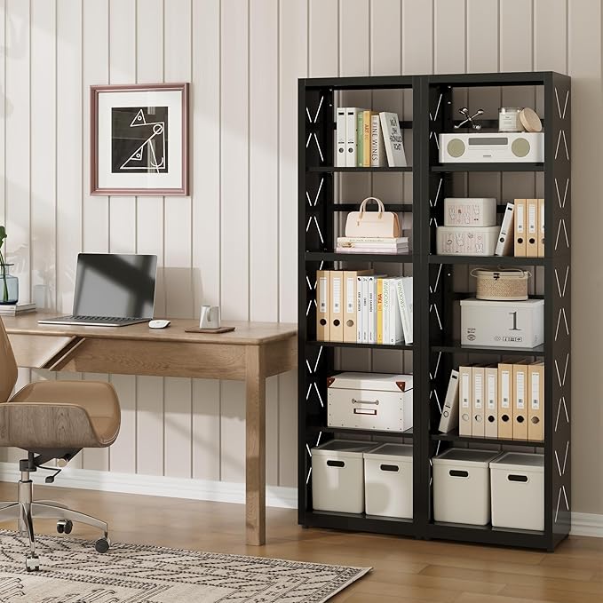 Narrow Bookshelf,5 Tier Bookcase,55" Black Metal Small Bookshelf with Adjustable Feet and Adjustable Shelves,Home Office Bookcase Shelf Storage Organizer for Living Room、Kitchen