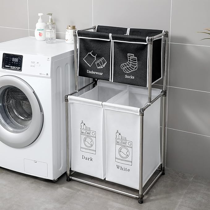 2 Tier Laundry Sorter with 4 Removable Bags for Organizing Clothes - Large Freestanding Laundry Hamper - Laundry Basket for Dirty Clothes in Laundry Room