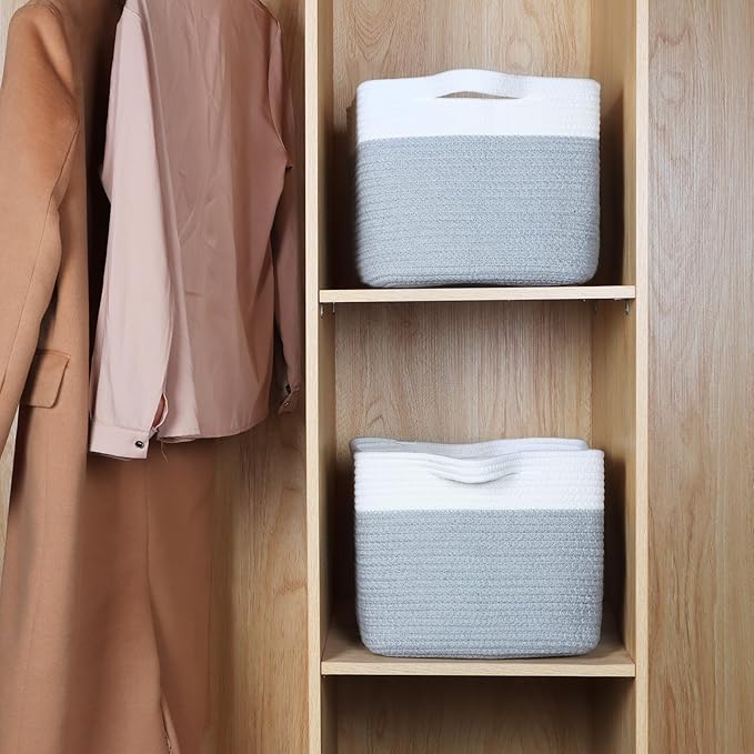 Kntiwiwo Storage Baskets for Organizing 14.7”x11”x9.6” Rope Storage Baskets for Shelves with Handles, Decorative Closet Baskets & Bins, Large Woven Baskets for Storage, White & Grey