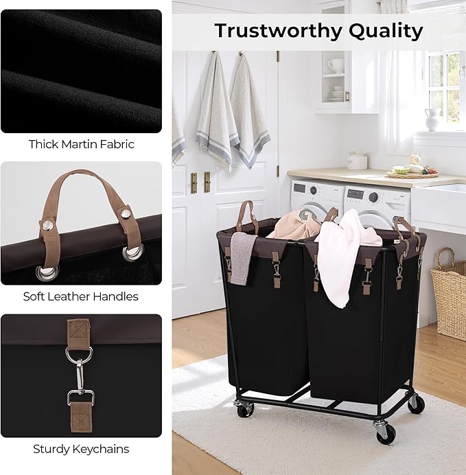 StorageWorks 280L Large Lanudry Hamper with Wheels, Laundry Basket with Wheels 2 Sections, Clothes Sorter Cart with Divider for Hotel, Home, Black, 1-Pack
