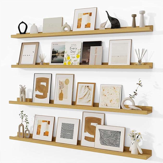 Fun Memories Picture Ledge Shelf, Floating Shelves Set of 4, 48 Inch Picture Shelves for Wall with Ledge, Large Nursery Book Shelf for Toys Storage, Living Room, Bedroom Decor Frames, Oak