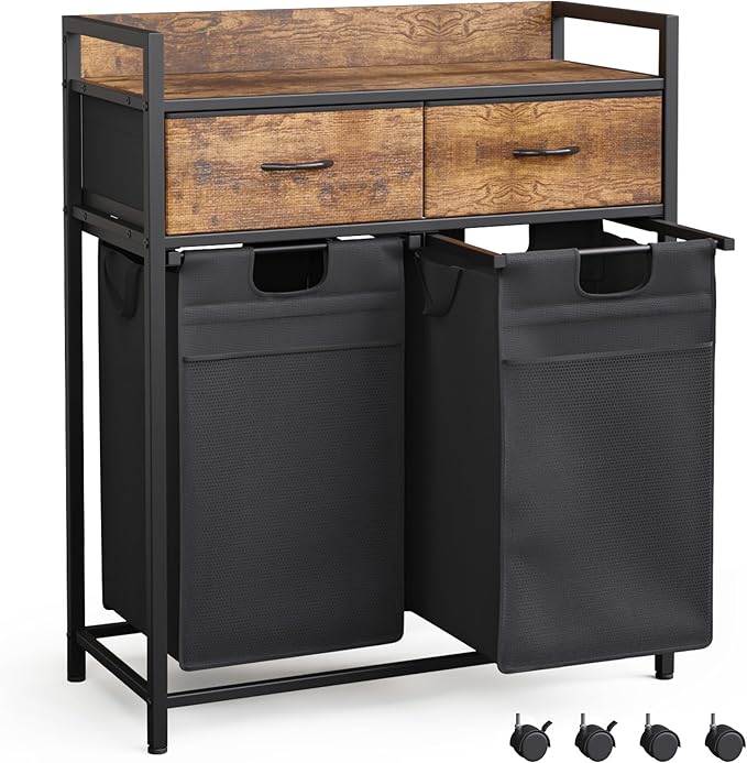 Laundry Hamper baskets 2 Section with 2 Drawers, 100L Laundry Sorter with Wheels Pull-Out Removable Laundry Bags, Rustic Brown and Black