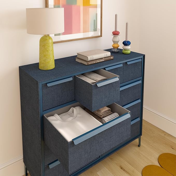 Naima Premium Fabric Dresser - Strong Metal Frame, 10 Spacious Sag-Proof Drawers with Sleek Metal Handles - Premium & Durable Storage Solution for Your Home (Navy)