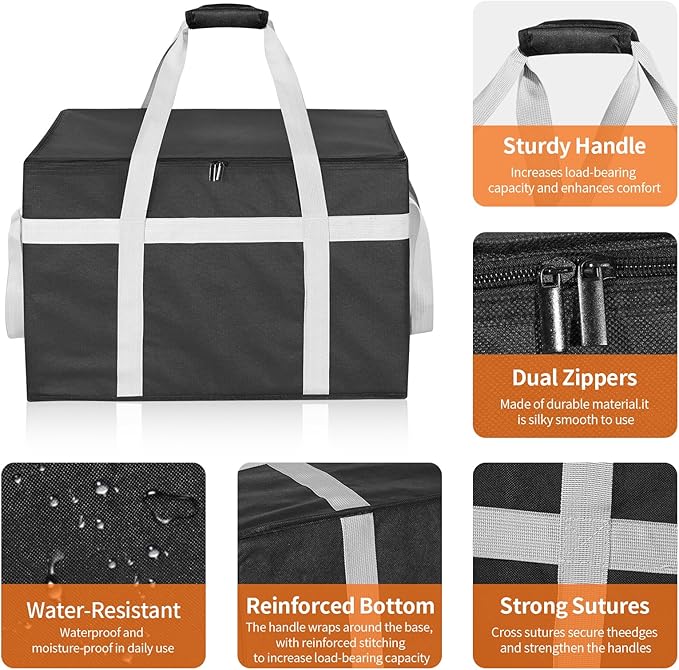XXXL 2 Pack Insulated Food Delivery Bag with Removable Hard Bottom, Reusable Insulated Grocery Bag for Hot and Cold Food, Catering Cooler for Doordash,Warmers, Parties (Black)