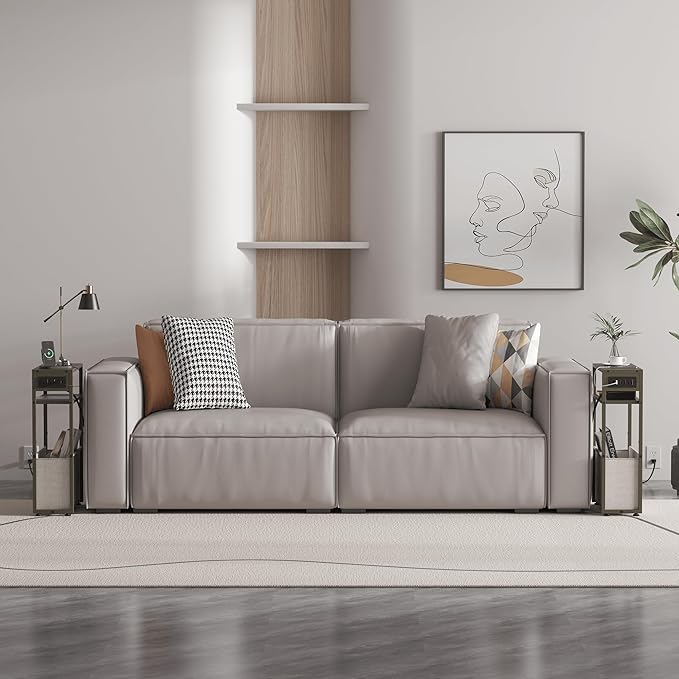 Green Side Table with Charging Station, Slim End Tables with Linen Basket, Skinny Table for Small Spaces, Thin Bedside Table for Living Room, Bedroom