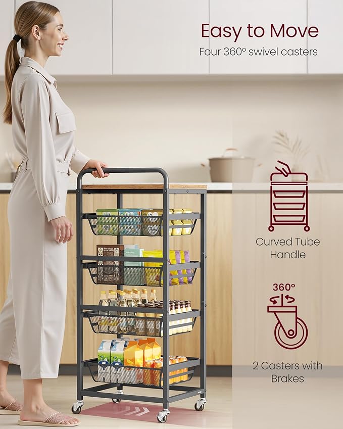 VASAGLE Storage Cart with Pull-Out Baskets, 5-Tier Kitchen Cart with Wheels, Handle, 12.5 x 15.8 x 37.4 Inches, Rustic Brown and Ink Black ULRC041K01