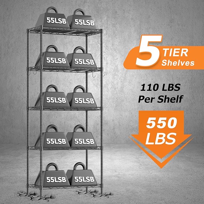 Storage Shelves,21.3" W x 11.8" D x 58.5" H Wire Shelving Unit Loads 550LBS,5-tier Adjustable Metal Utility Shelf,Garage Shelves with Liner and Hooks,Home Storage Rack for Kitchen,Laundry,Pantry