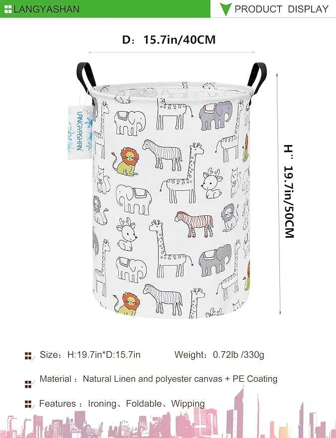 LANGYASHAN Laundry Basket Canvas Fabric Collapsible Organizer Basket for Storage Bin Toy Bins Gift Baskets Bedroom Clothes Children Nursery Hamper (Animals)