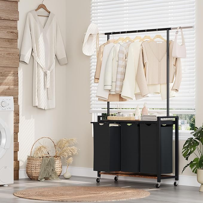 GarveeHome Rolling Laundry Cart with Hanging Rack & Utility Shelf | 3-Section Laundry Sorter Hamper with Lockable Wheels | Laundry Basket Organizer for Laundry Room, Bedroom, Bathroom | Black