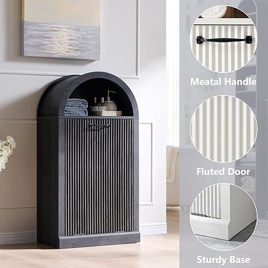 Arched Tilt-Out Trash Can Cabinet, Fluted 10 Gallon Trash Can Cabinet Set of 2, Modern Laundry Hamper Cabinet, Hidden Garbage Can with Storage Basket for Kitchen, Living Room, Dark Grey