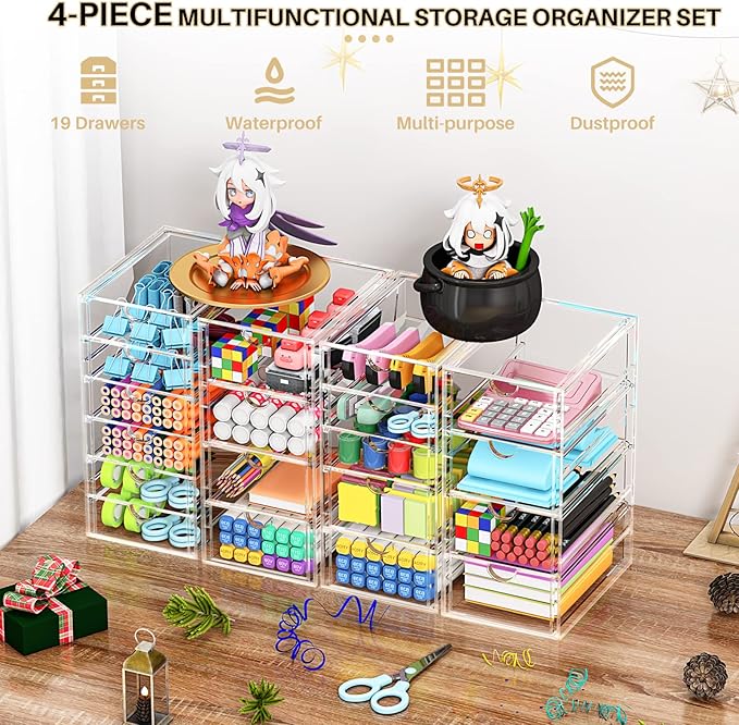 Acrylic Makeup Organizer with 19 Drawers, 4 Pack Clear Storage Drawers, Bathroom Makeup Organizer for Palettes, Cosmetic, and Beauty Supplies,Ideal for Vanity, Cabinet,Desk Organization