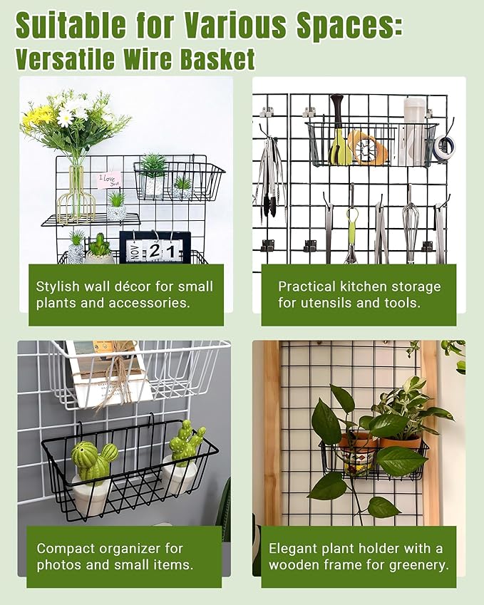 3 Pack Wall Basket, Hanging Wire Basket for Wall Grid Panel, Metal Hanging Baskets for Organizing, Wire Wall Baskets for Storage, Home Decor, Grid Wall Accessories