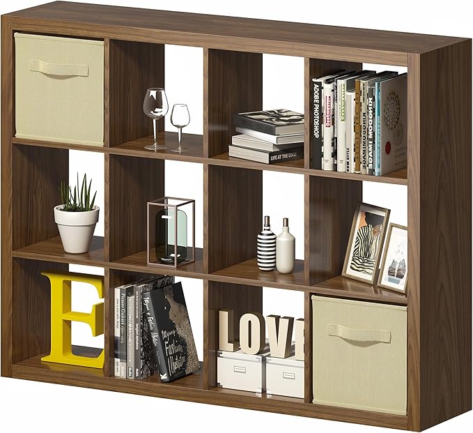furtble Bookshelf with Storage Bins, 12-Cube Storage Organizer, Modern Wood Open Bookcase, Multifunctional Display Shelf for Living Room, Bedroom, Home Office, Classic Oak