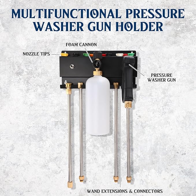 Pressure Washer Gun Holder, Wall Mount Foam Cannon Holder, Car Wash Accessories Organizer for Wand/Nozzle Tips, 1/4'' Pressure Washer Accessories Storage Rack(Black)