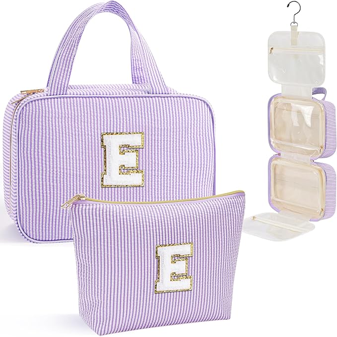 YOOLIFE Teen Girl Gifts Trendy Stuff - Birthday Gifts for 7 8 9 10 11 12 13 14 15 16 17 18 Year Old Teen Girls, Hanging Toiletry Bag Initial Makeup Bag - Letter E, Purple
