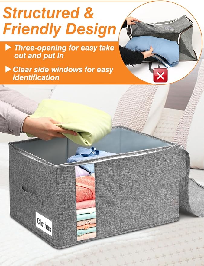 60L Blanket Storage, Comforter Storage Bag With Rigid Side & Bottom Support, Stackable Clothes Storage Bin For King Size Comforters Sweater Bedding Quilt Pillow Closet Organizer,21.7x14.2x11.8in,2Pcs