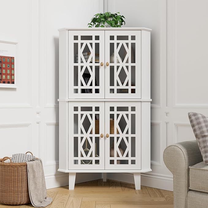 Scurrty Tall Corner Shelf Stand, Large Shelf Corner Table Sideboard Cabinet with 4 Doors and 4-Tier Shelves, Free-Standing Storage Organizer for Living Room, Dining Room & Bathroom (White)
