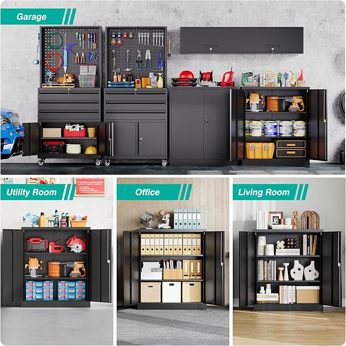 SISESOL Small Metal Storage Cabinet with Doors and Shelves,36 inch Black Locking Garage Cabinet,Lockable Short Steel Cabinets for Home,Office,Shop,Garage