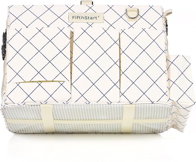 FifthStart Professional Cleaning Caddy - Heavy-Duty Organizer Tote with Adjustable Compartments, Mesh Base, 9 Pockets & Shoulder Strap for Cleaning Supplies (Blue Check, LArge)