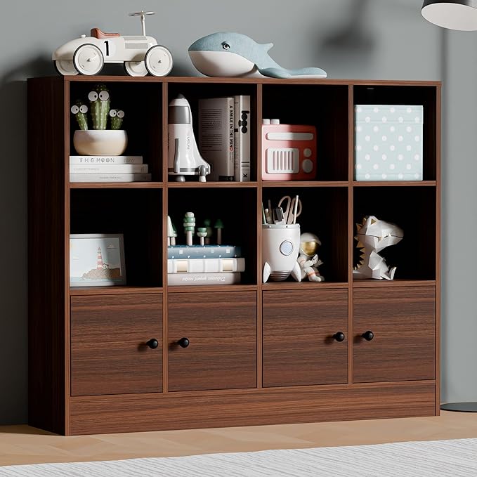 Cozy Castle Brown Wood Bookcase,12 Cube Storage Organizer Bookshelf with 4 Doors,3 Tier Storage Cabinet with Adjustable Shelves for Bedroom, Living Room, Office