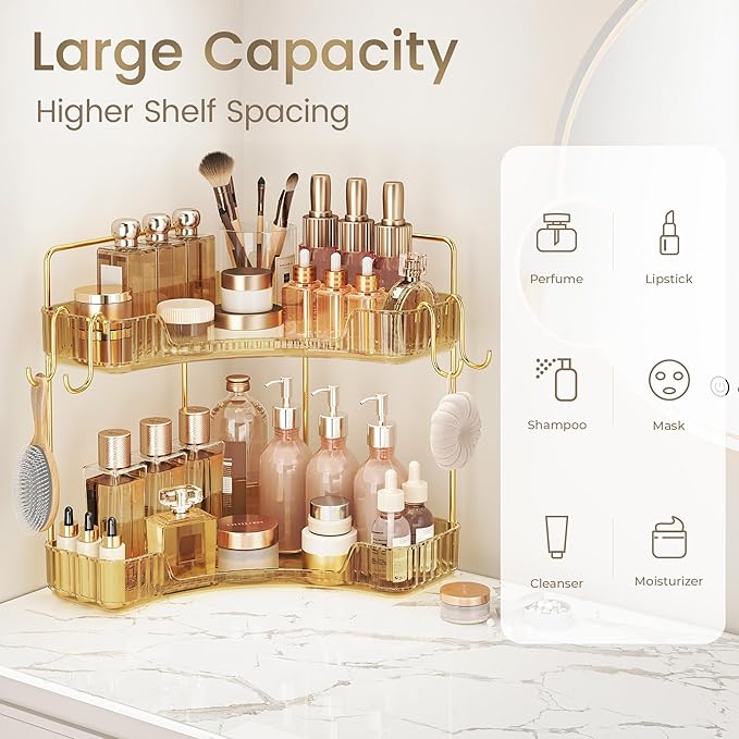 Golden Corner Counter Organizer, 2 - Tier Bathroom & Kitchen Storage Tray with Hooks | PET Vanity Organizer for Skincare, Makeup & Jewelry