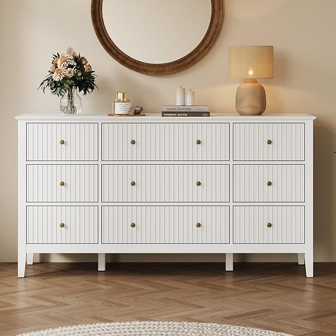 RoyalCraft White Dresser for Bedroom with 9 Drawers, Fluted Painted Wood Chest of Drawers, Modern TV Stand Storage Cabinet for Living Room, Hallway