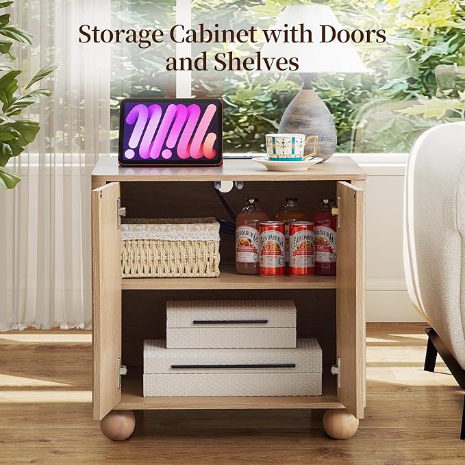 Bed Side Table Set of 2 with Charging Station, Mid Century Modern Nightstand with 2 Doors, Square End Table with Storage for Couch,Living Room, Sofa Side Table for Office,Dorm - Natural