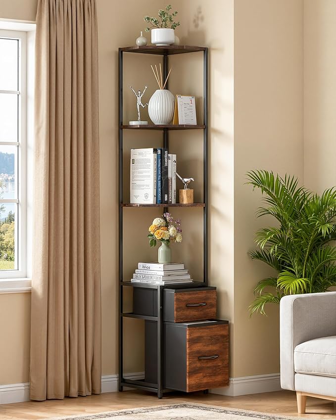 Housolution Corner Shelf Stand with Storage, 63.8'' Tall 6-Tier Corner Bookshelf Includes 2 Fabric Drawers, Freestanding Corners Storage Shelf for Living Room Bedroom Kitchen Bathroom (Black + Brown)