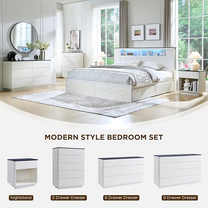 ACCOHOHO Modern 9 Drawer Dresser for Bedroom, 52" Wide Wooden Dressers with Large Storage,Handleless Chest of Drawers TV Stand for Living Room & Hallway, Curved Profile Design, White