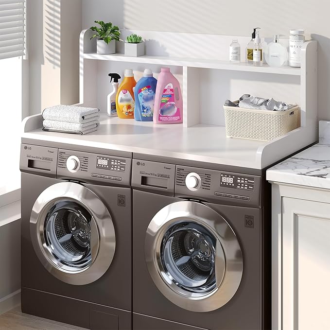 2-Tier Washer Dryer Countertop, 18.5" Raised Height Laundry Countertop with Edge Rails and Non-Slip Pad, 54"W x 27.55"D Washer and Dryer Topper for Laundry Room Storage Organization (White)