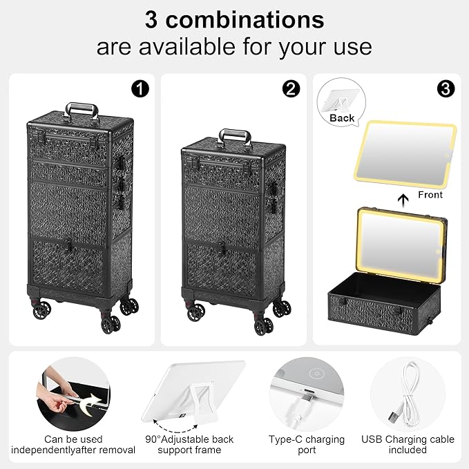 Rolling Makeup Case with Lighted Mirror, Makeup Train Case with Large Drawer, Cosmetology Case, Travel Makeup Organizers, Professional for Salon Barber, Nail, Tattoo, Black