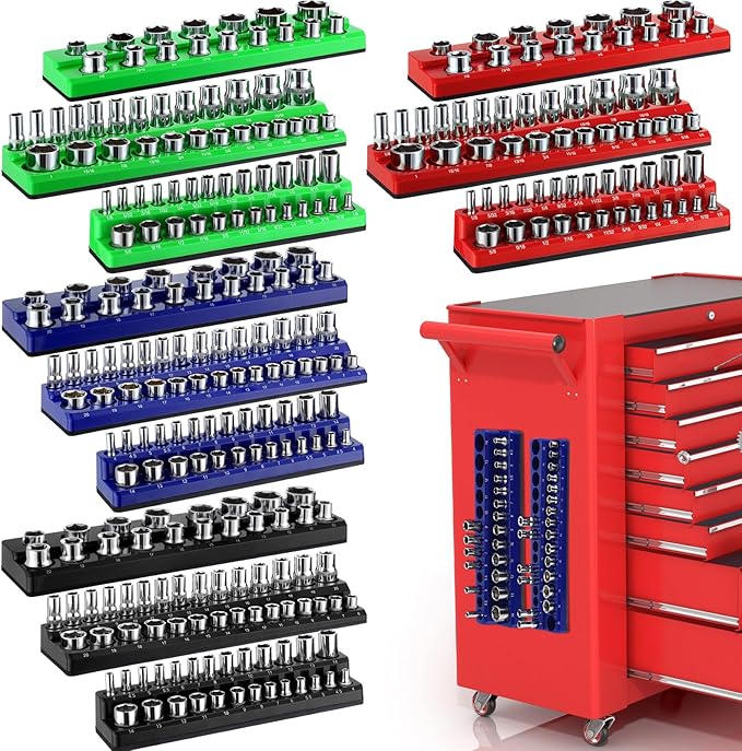 12 Pcs Magnetic Socket Organizer Set Compatible with SAE and Metric Magnetic Holders 1/4'', 3/8'', 1/2'' Drive Socket Trays Hold 286 Standard and Deep Size, No Sockets(Colors A)