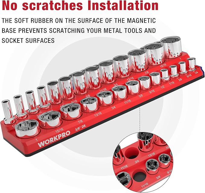 WORKPRO Magnetic Socket Organizer, 3/8-Inch SAE Socket Holder, Socket Trays Holds 26 Pieces Standard Size and Deep Size Sockets(Sockets not Included)
