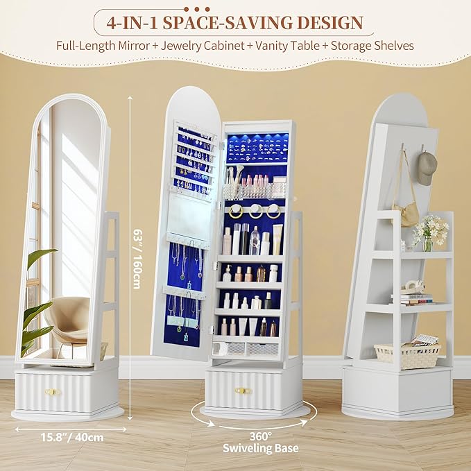 63" Full Length Mirror Jewelry Cabinet with Storage – Rotating, Lockable Jewelry Armoire with Velvet Lining, Standing Organizer for Women – Ideal Gift for Jewelry Storage & Display, White