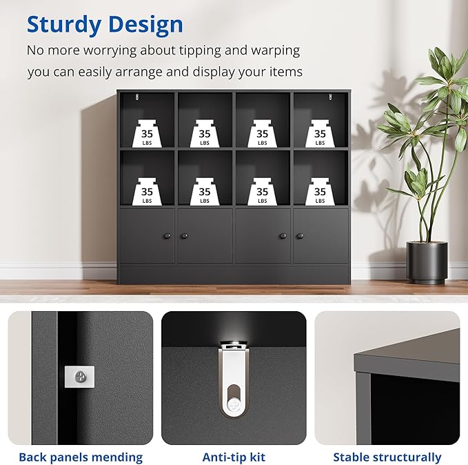Cozy Castle Black Wood Bookcase,12 Cube Storage Organizer Bookshelf with 4 Doors,3 Tier Storage Cabinet with Adjustable Shelves for Bedroom, Living Room, Office