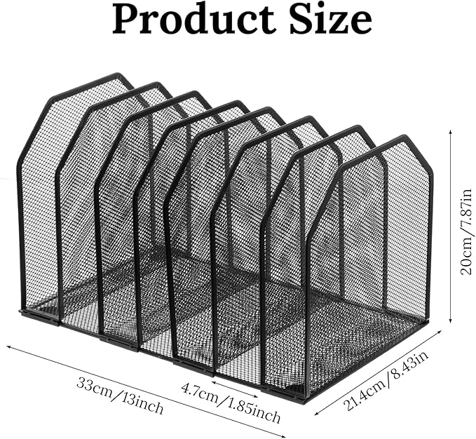 Metal Mesh File Organizer, Adjustable 7 Section Vertical Desk File Holder, Black Office Heavy-Duty Document Sorter for Books Binders, Laptops