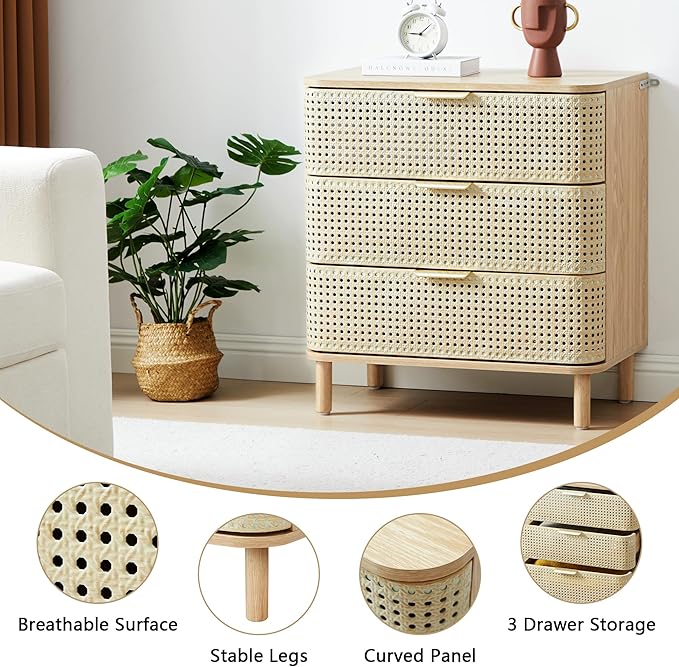 ORRD 3 Drawer Dresser Set of 2, Modern Iron Rattan Cabinet Dresser for Bedroom, Large Nightstand Accent Storage Chest of Drawers for Living Room, Bedroom - Natural